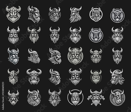 Viking head Engrave vector logo icon design illustration