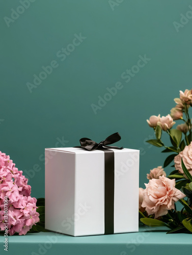 beautifully wrapped gift box surrounded by pink and peach flowers, creating charming atmosphere