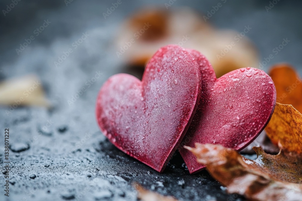 Obraz premium Two red hearts with water droplets on a wet surface, with autumn leaves. Perfect for Valentine's Day, love, or romantic themed projects.