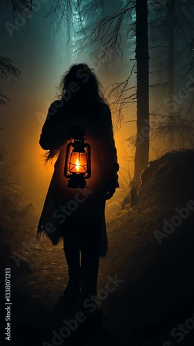 Silhouette Of Woman With Lantern Walking In Dark Foggy Forest At Night