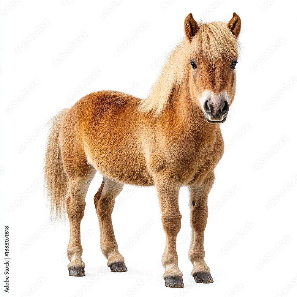 Obraz premium A small pony standing still, soft brown coat detailed, front-facing shot, studio lighting, isolated on white 