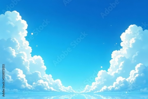 A vector illustration of a serene blue sky with fluffy clouds in an anime clean style, clouds, sky