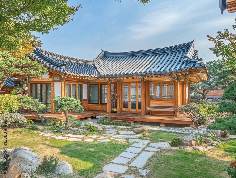 A beautiful traditional wooden house surrounded by a lush garden