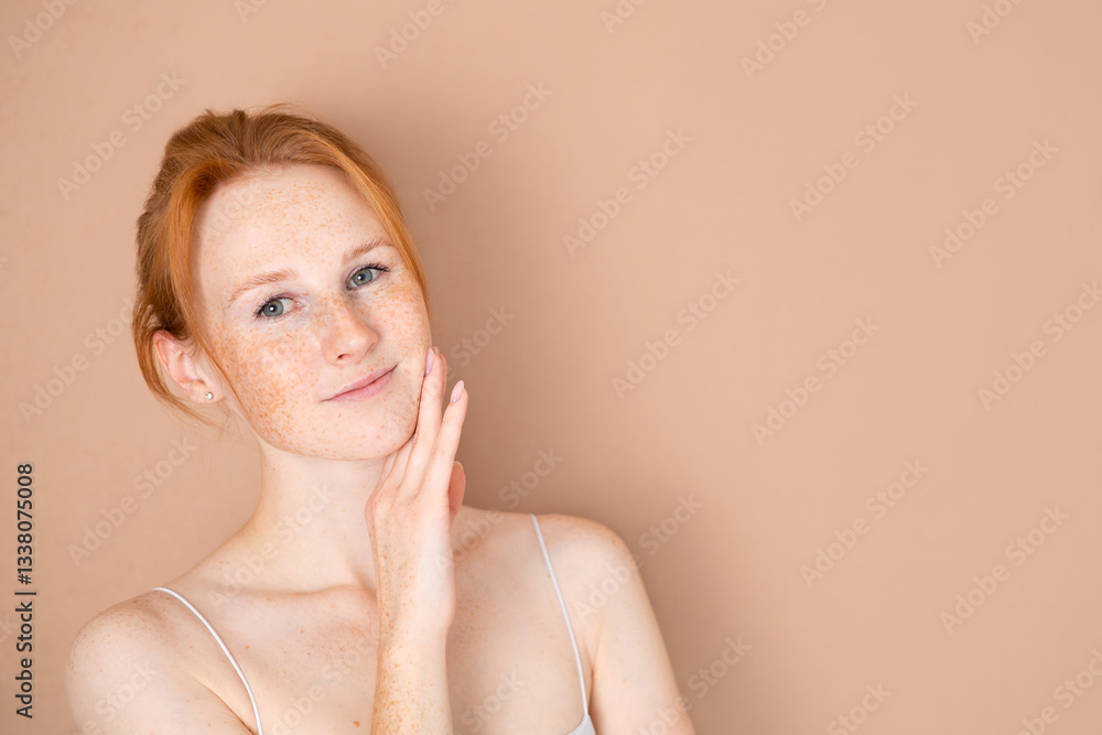 close-up portrait of a red-haired young beautiful girl with freckles. Natural colors, lifestyle. Space for text. Leather, self-care close-up portrait of a red-haired young beautiful girl with freckles. Natural colors, lifestyle. Space for text. Leather, self-care