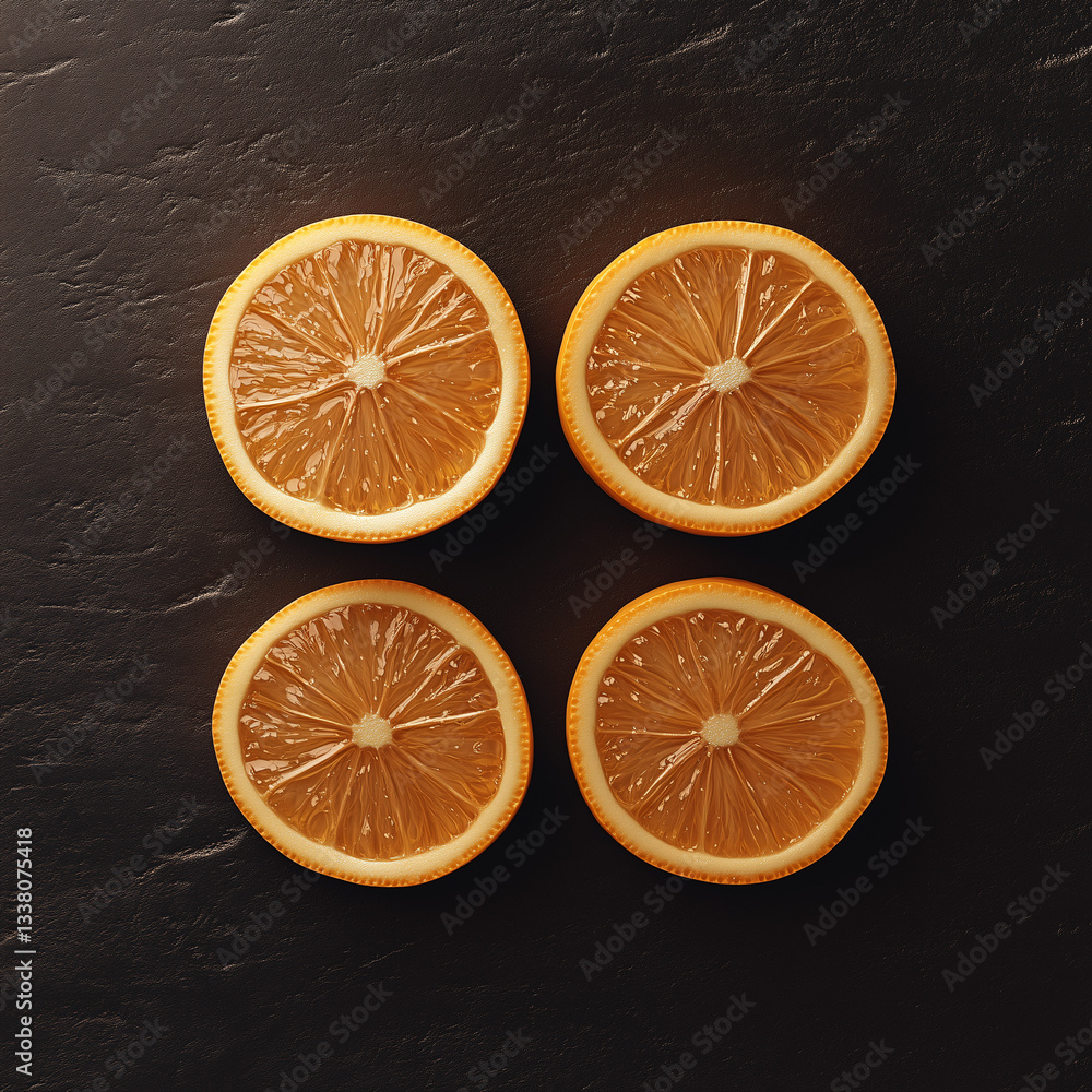 Fresh lemon slices laid flat on a dark slate surface Fresh lemon slices laid flat on a dark slate surface