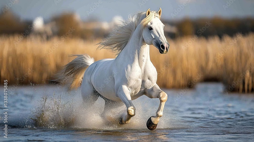 Fototapeta premium A striking image of a white Camargue stallion rearing up, its wild energy captured against the backdrop of the vast wetlands 