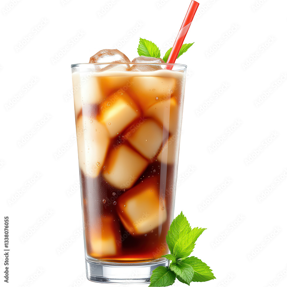 Refreshing Iced Coffee in Tall Glass isolated on white background Refreshing Iced Coffee in Tall Glass isolated on white background