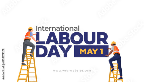 International Labour Day Banner Workers Wearing Safety Helmet Creating Typography Illustration