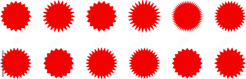 Red shopping labels collection. Sale or discount sticker. Starburst red sticker set. Special offer price tag. Supermarket promotional badge. Promo stickers with star edges. Red shopping labels collection. Sale or discount sticker. Starburst red sticker set. Special offer price tag. Supermarket promotional badge. Promo stickers with star edges.
