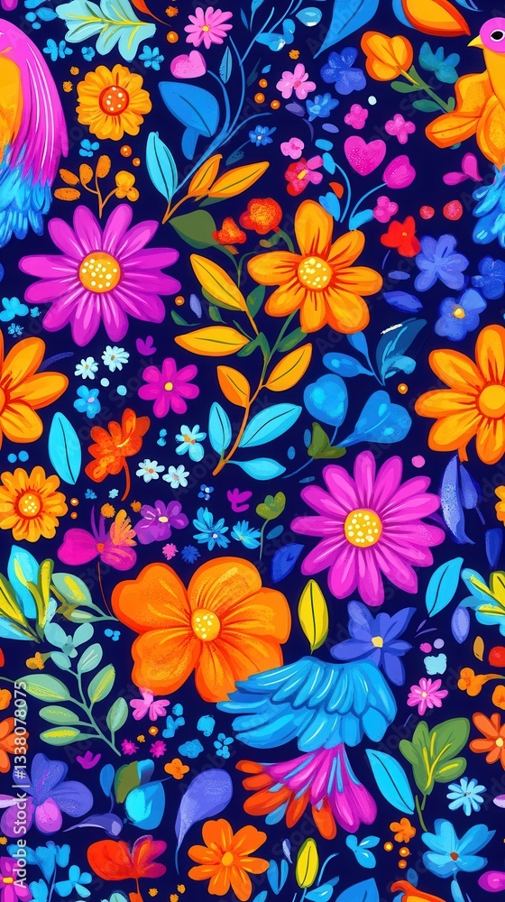 Vibrant seamless pattern showcasing a delightful array of colorful flowers and birds, ideal for textile prints, wallpapers, and various design applications featu iconic floral Vibrant seamless pattern showcasing a delightful array of colorful flowers and birds, ideal for textile prints, wallpapers, and various design applications featu iconic floral