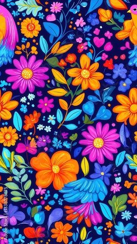 Wallpaper Mural Vibrant seamless pattern showcasing a delightful array of colorful flowers and birds, ideal for textile prints, wallpapers, and various design applications featu iconic floral Torontodigital.ca