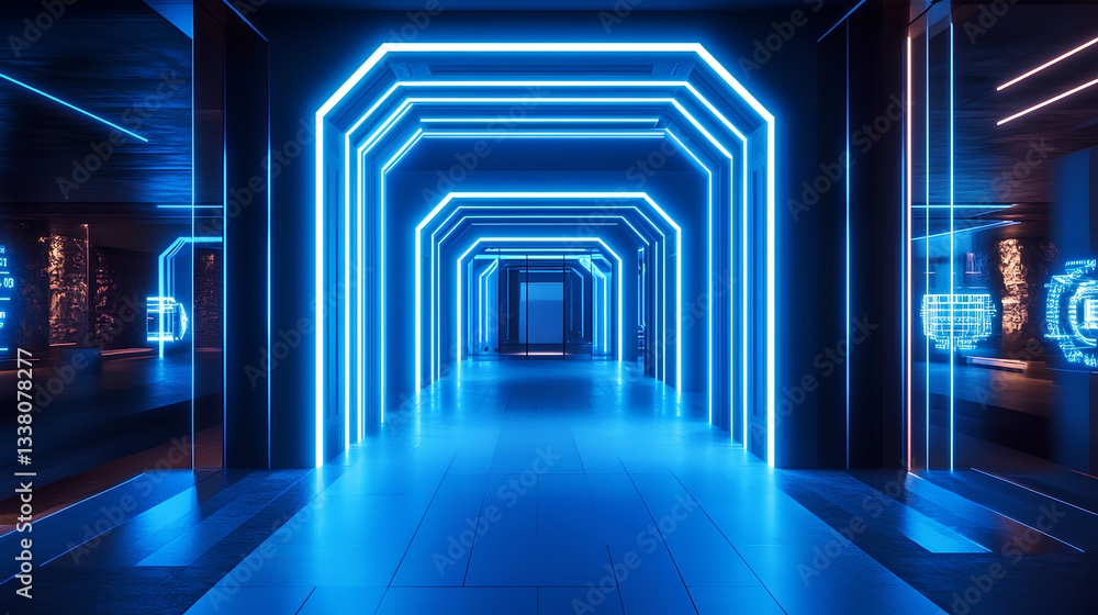 Futuristic Neon Corridor with Glowing Blue Lights and Sci-Fi Aesthetic Futuristic Neon Corridor with Glowing Blue Lights and Sci-Fi Aesthetic