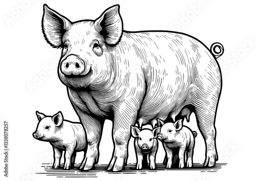 Pig and Piglets Vector Illustration
