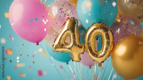 Wallpaper Mural Golden number 40 balloons surrounded by colorful party balloons and confetti, perfect for birthday celebrations, milestone events, festive decorations, and fun gatherings. Torontodigital.ca