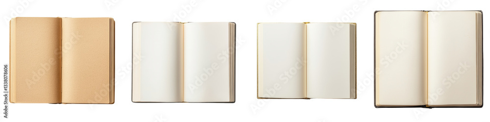 Collection of open hardcover and softcover books and notebooks in neutral colors arranged on a plain background with ample copy space Collection of open hardcover and softcover books and notebooks in neutral colors arranged on a plain background with ample copy space