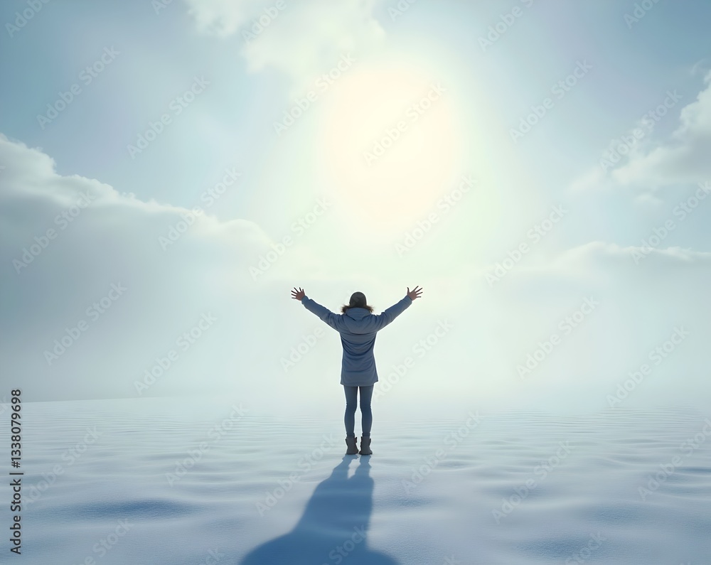 Person standing in a vast snowy landscape with arms outstretched, facing the bright sun and a serene sky. Person standing in a vast snowy landscape with arms outstretched, facing the bright sun and a serene sky.