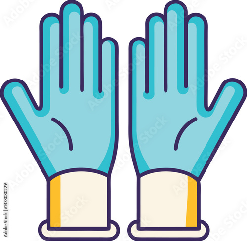 Protective Gloves Vector Illustration, A vector illustration of a pair of protective gloves with blue palms, white cuffs, and yellow accents, designed in a simple style.
