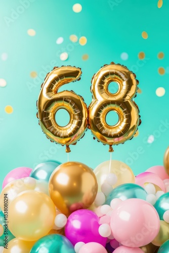 Wallpaper Mural Gold number balloons 68 with colorful confetti and festive balloons, birthday celebration, milestone event, party decoration, joyful atmosphere, vibrant colors. Torontodigital.ca