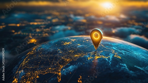 Earth at Night with Location Pointer over a City Landscape