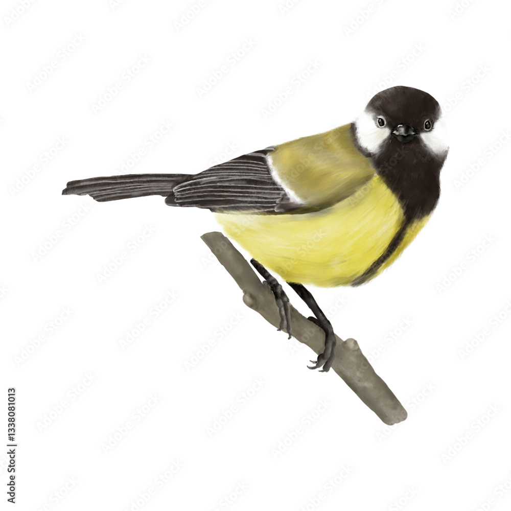 Obraz premium An ordinary little tit. Digital watercolor illustration. European songbird, isolated on a white background. Funny little titmouse living in the garden, park, forest, backyard.