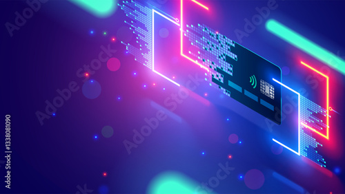 Virtual digital banking card. Isometric concept banking card for paying in internet. Online payment security transaction via credit card. Shopping pay virtual digital banking credit card. Fintech.