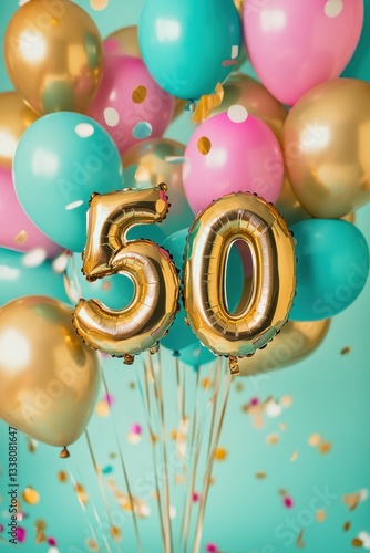 Wallpaper Mural Gold number 50 balloons with colorful party balloons, birthday celebration, festive decor, anniversary party decorations, joyful event, vibrant background, confetti. Torontodigital.ca