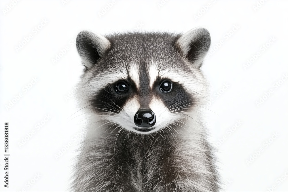 Obraz premium Close-up portrait of a raccoon with detailed fur on a white background. Wildlife photography