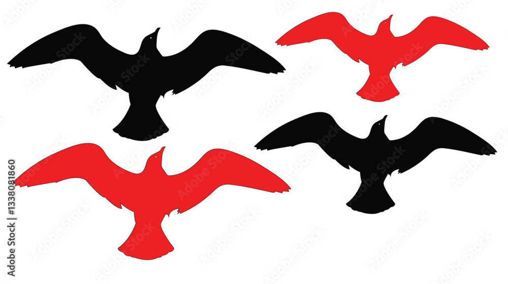 Black And Red Bird Silhouettes On White Background Black And Red Bird Silhouettes On White Background