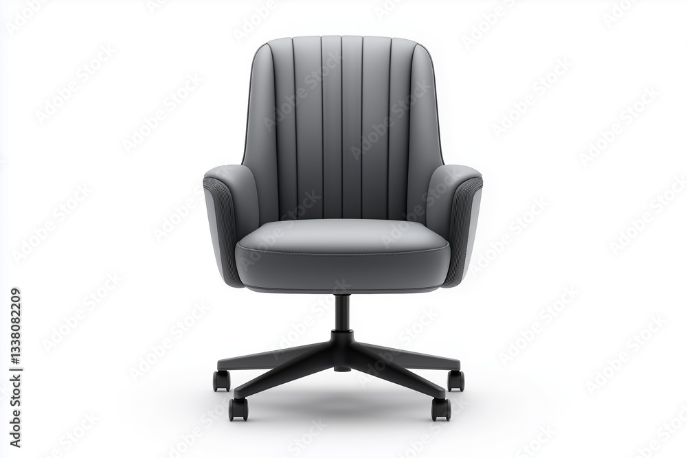 Modern grey office chair with ergonomic design on white background. Comfortable seating for workspace Modern grey office chair with ergonomic design on white background. Comfortable seating for workspace