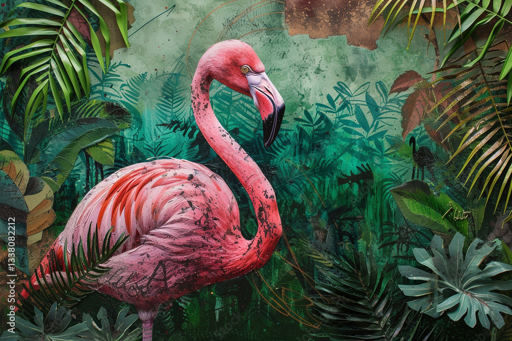 Fototapeta premium Pink flamingos, exotic birds, tropical palm leaves, trees, jungle leaves background