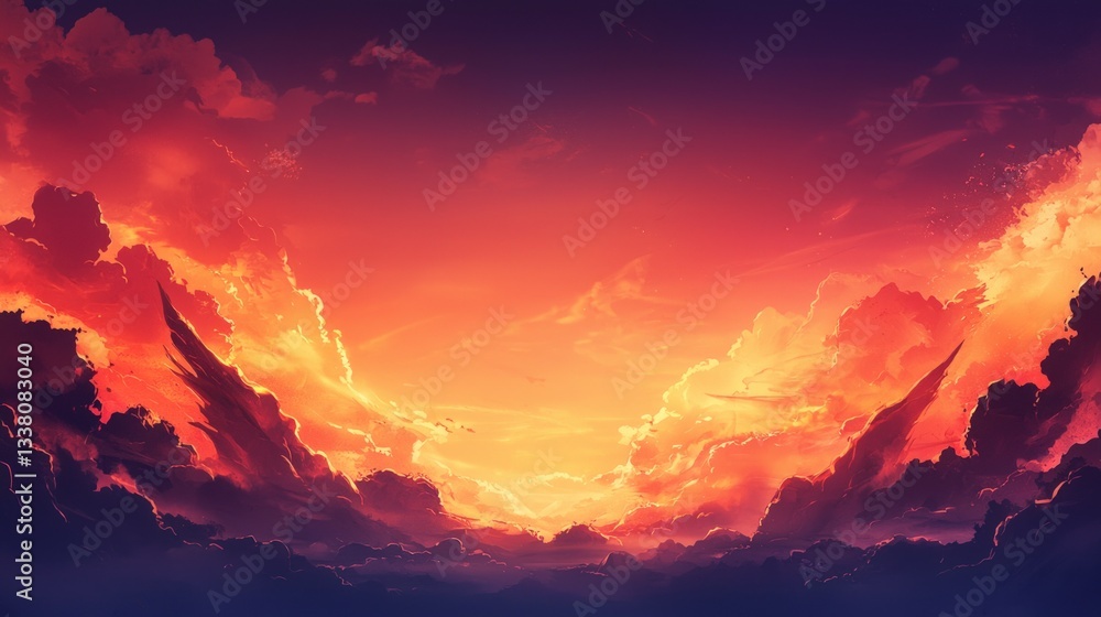 Fototapeta premium Fiery Sunset Cloudscape Dramatic Sky Orange Pink Purple Hues Text Space