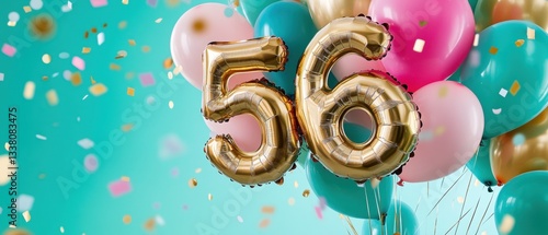 Wallpaper Mural Gold balloon numbers 5 and 6, colorful party balloons, confetti background, birthday celebration, anniversary, festive decoration, joyful event, party planning. Torontodigital.ca