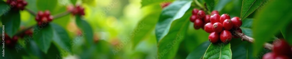 Lush coffee plantation, ripe red coffee cherries on branches , arabica, plantation, tropical Lush coffee plantation, ripe red coffee cherries on branches , arabica, plantation, tropical