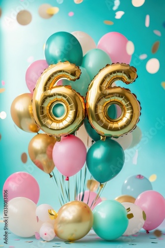 Wallpaper Mural Gold 66 balloon decoration with colorful party balloons, vibrant confetti background, birthday celebration, festive occasion, anniversary party, joyful atmosphere. Torontodigital.ca