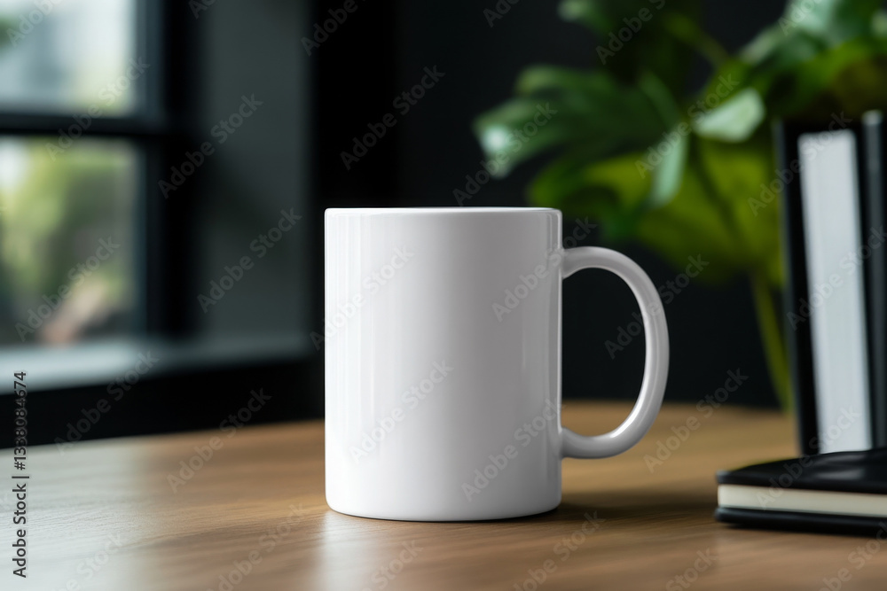 blank white mug sits wooden table, surrounded by greenery and stationery, perfect for commercial blank white mug sits wooden table, surrounded by greenery and stationery, perfect for commercial