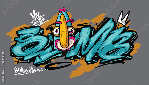 BOMB A vibrant and detailed graffiti-style illustration featuring a cool street art character wearing a snapback, hoodie, and sunglasses. The bold colors and urban aesthetic make this vector artwork p