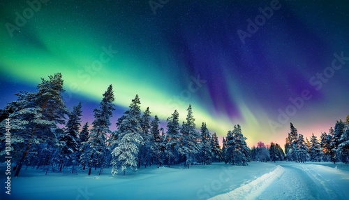 northern lights aurora borealis lapland finland landscape at night winter wonderland scandinavian countries vacation and travel in winter north photo for background wallpaper postcards
