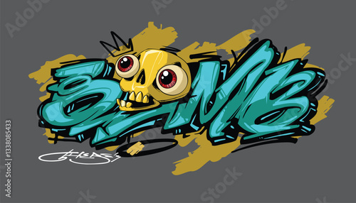 BOMB A vibrant and detailed graffiti-style illustration featuring a cool street art character wearing a snapback, hoodie, and sunglasses. The bold colors and urban aesthetic make this vector artwork p