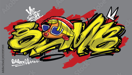 BOMB A vibrant and detailed graffiti-style illustration featuring a cool street art character wearing a snapback, hoodie, and sunglasses. The bold colors and urban aesthetic make this vector artwork p