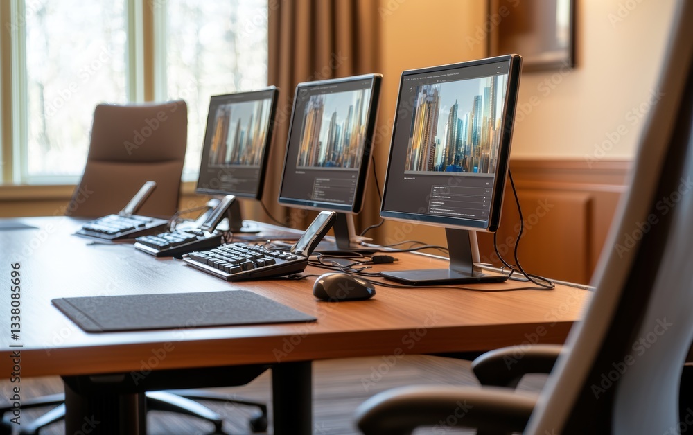 Three computer monitors on a desk alongside a keyboard and mouse create a modern workstation setup. Three computer monitors on a desk alongside a keyboard and mouse create a modern workstation setup.