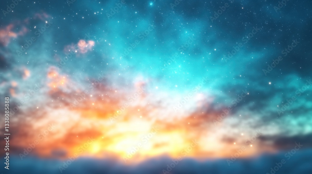 Obraz premium A vibrant, ethereal sunset or sunrise sky, filled with clouds and stars