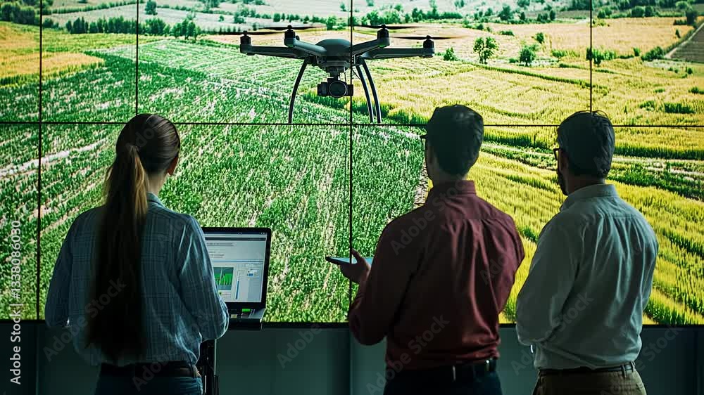 In a high-tech environment, farmers engage in a detailed discussion about data displayed on large screens, showcasing drone-captured aerial views of expansive green fields and crop patterns.