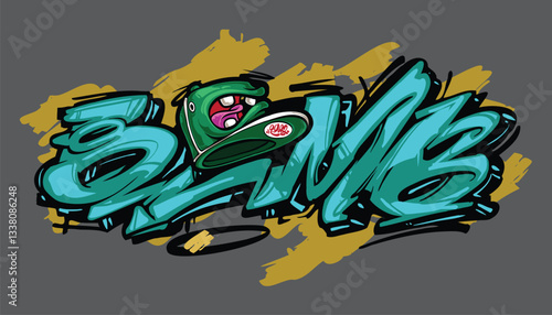 BOMB A vibrant and detailed graffiti-style illustration featuring a cool street art character wearing a snapback, hoodie, and sunglasses. The bold colors and urban aesthetic make this vector artwork p