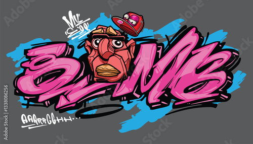 BOMB A vibrant and detailed graffiti-style illustration featuring a cool street art character wearing a snapback, hoodie, and sunglasses. The bold colors and urban aesthetic make this vector artwork p