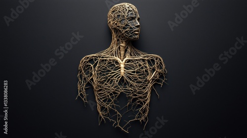Surreal human figure made of intertwined roots against a dark background. Connection between nature and humanity