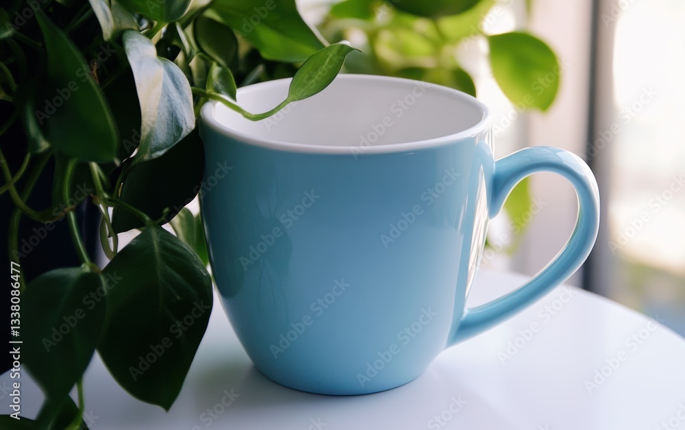 A blue cup rests on a table beside a green plant. A blue cup rests on a table beside a green plant.