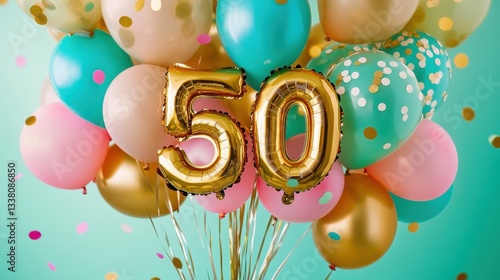 Colorful party balloons with gold number 50, vibrant celebration background, birthday party decor, milestone anniversary, festive atmosphere, joyful event, party supplies.
