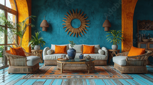 Bohemian Living Room: A sun-drenched, bohemian-style living room exudes warmth with its textured turquoise walls and pops of orange, featuring rattan furniture, vibrant textiles.