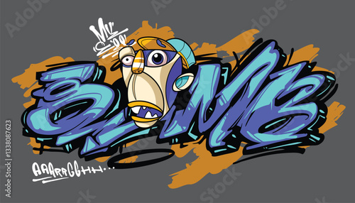 BOMB A vibrant and detailed graffiti-style illustration featuring a cool street art character wearing a snapback, hoodie, and sunglasses. The bold colors and urban aesthetic make this vector artwork p