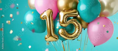 Colorful helium balloons with gold number 15, festive celebration decor, birthday party, cheerful atmosphere, anniversary, shiny party accessories, vibrant colors.